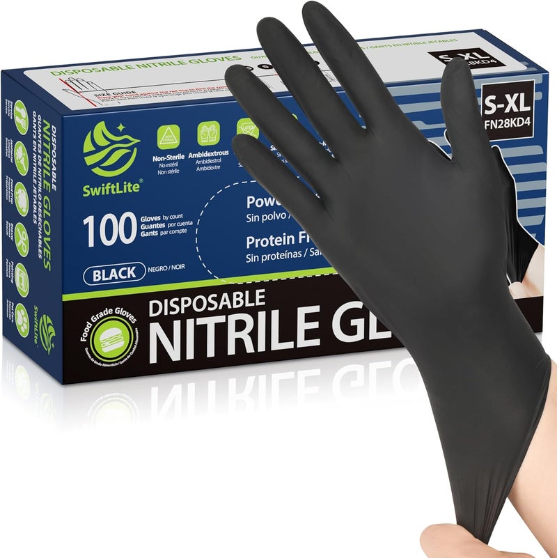 Swift Lite Black Nitrile Gloves, Food Safe Disposable Gloves Latex Free, Rubber Gloves Powder Free for Cooking, Kitchen Clean - Image 1